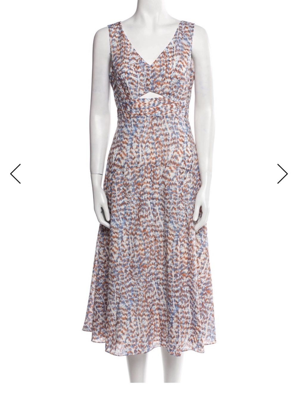 Theory Sleeveless V-Neck Cutout Midi Dress in Blue and Brown Print